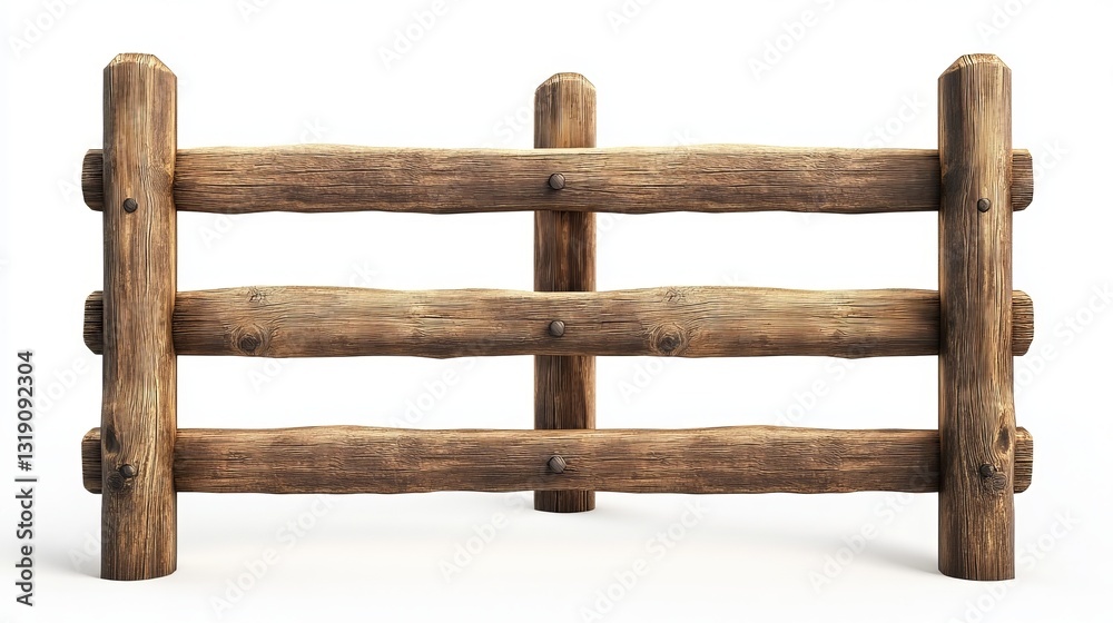 Ranch-style wooden fence isolated on a white background for design or presentation purposes. Ranch-style wooden fence isolated on a white background for design or presentation purposes.