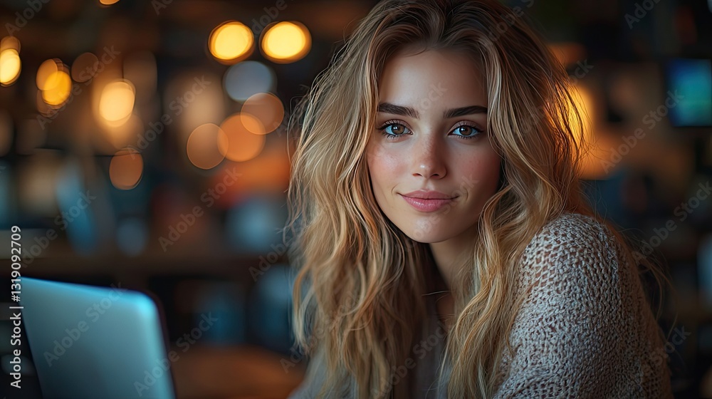 A woman sits at a desk in a modern office at night, illuminated by the glow of her laptop and a nearby lamp. A woman sits at a desk in a modern office at night, illuminated by the glow of her laptop and a nearby lamp.
