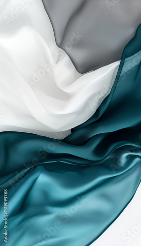 Close-Up of Silk Satin Fabrics – Soft Teal, Icy Blue, and Deep Green Tones with Luxurious Sheen