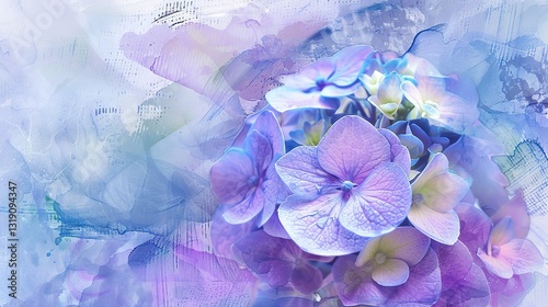 A creative image features pastel blue and purple Hydrangea flowers beautifully presented on an artistic ink background. The soft, dreamy hues of the pastel blue and purple Hydrangeas contrast charming