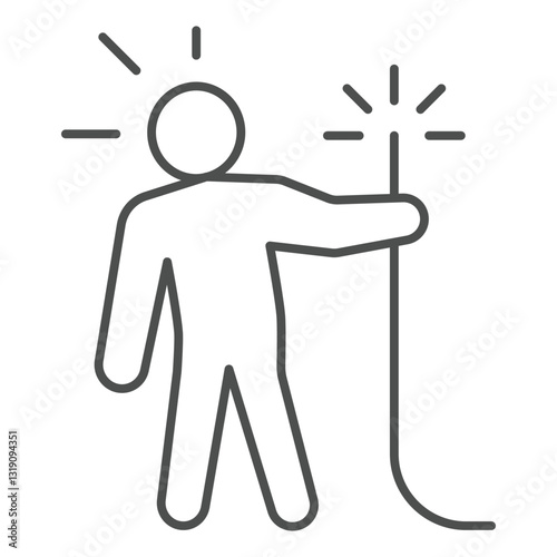 Human holding live electrical wire thin line icon, labor protection, worker safety concept. Vector graphics. Man danger sign on white background, outline style icon for mobile or web design.
