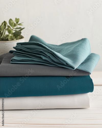 Stack of Folded Fabrics – Soft Teal, Icy Blue, and Deep Green Tones with Elegant Texture