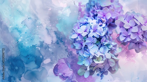 Wallpaper Mural A creative image features pastel blue and purple Hydrangea flowers beautifully presented on an artistic ink background. The soft, dreamy hues of the pastel blue and purple Hydrangeas contrast charming Torontodigital.ca