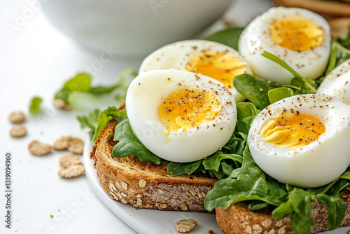 Boiled eggs with greens and whole grain toast, on a white background