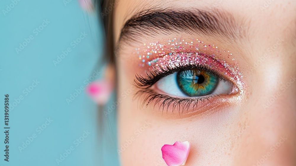 Liquid glittery eyeshadow on the eyelids with tiny petals embedded in them . Liquid glittery eyeshadow on the eyelids with tiny petals embedded in them .