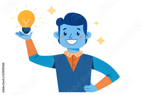 businessman with ideas : Illustration of a smiling businessman holding a glowing light bulb, symbolizing creativity, innovation, and new ideas in business and entrepreneurship.  
