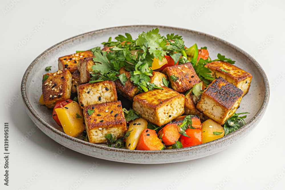 Fried tofu with vegetables and herbs in a plate, on a white background Fried tofu with vegetables and herbs in a plate, on a white background