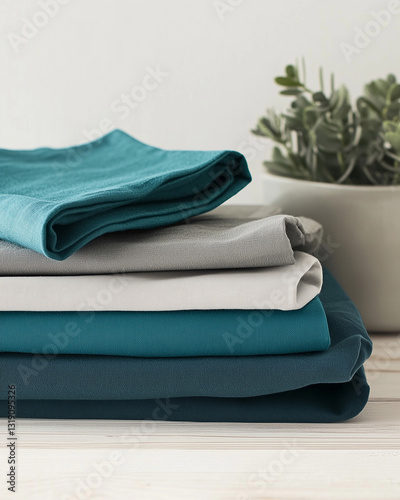 Stack of Folded Fabrics – Soft Teal, Icy Blue, and Deep Green Tones with Elegant Texture