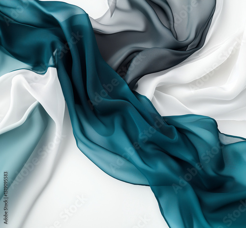 Close-Up of Silk Satin Fabrics – Soft Teal, Icy Blue, and Deep Green Tones with Luxurious Sheen