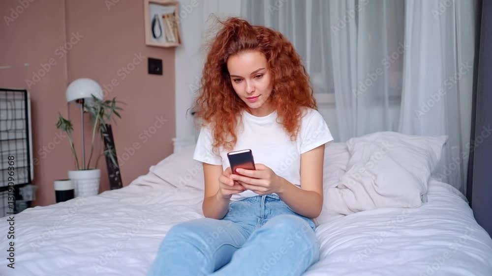 Woman relaxing on her bed and using smartphone Woman relaxing on her bed and using smartphone