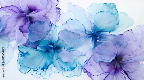 A creative image features pastel blue and purple Hydrangea flowers beautifully presented on an artistic ink background. The soft, dreamy hues of the pastel blue and purple Hydrangeas contrast charming