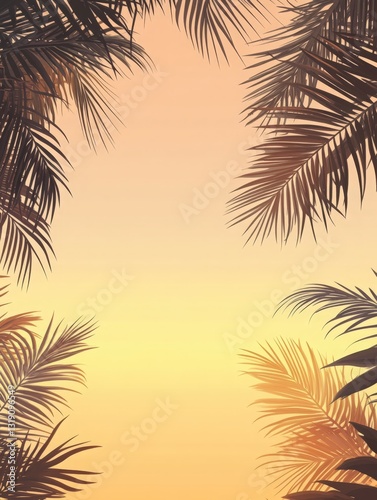 Serene Palm Fronds Silhouette at Sunset, Evoking Tropical Paradise and Relaxation. Ideal for travel brochures, summer campaigns, and vacation websites.