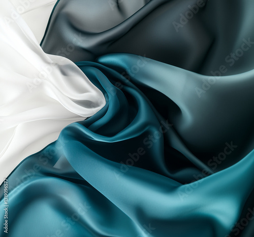 Close-Up of Silk Satin Fabrics – Soft Teal, Icy Blue, and Deep Green Tones with Luxurious Sheen