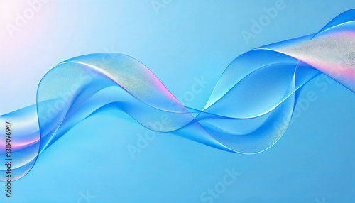A 3D render of a flowing, transparent ribbon in shades of blue, set against a light blue background