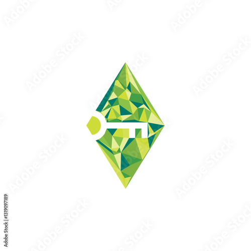 Green Gem Emerald Jade Rock in Prism Style with Hidden Key Logo Design Vector