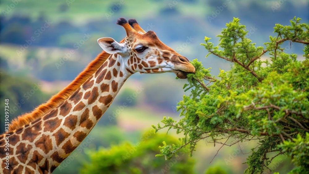A graceful giraffe delicately feeds on vibrant green foliage, its distinctive patterned neck elegantly arched towards the lush branches against a softly blurred natural backdrop. A graceful giraffe delicately feeds on vibrant green foliage, its distinctive patterned neck elegantly arched towards the lush branches against a softly blurred natural backdrop.