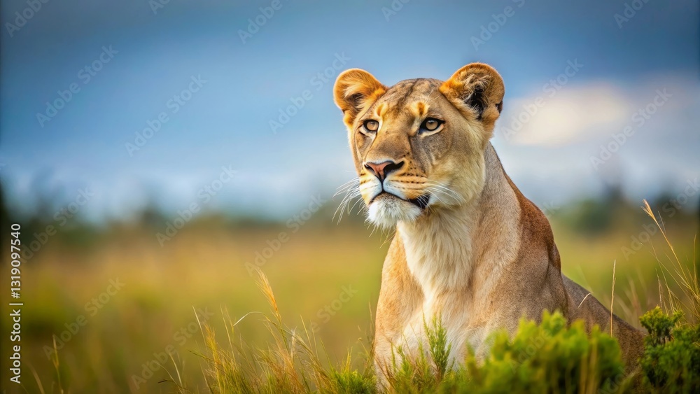 Majestic Lioness in Serengeti-like Savanna, Watching Over Her Domain with Alert Gaze Majestic Lioness in Serengeti-like Savanna, Watching Over Her Domain with Alert Gaze