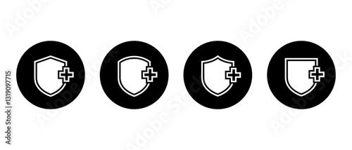 Health shield, medical protected icon set on black circle. Protect, healthy badge sign symbol