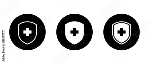 Medical shield icon on black circle. Health, healthy badge sign symbol