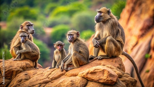 A Family of Baboons Perched on a Rocky Outcrop, Gazing into the Distance, Exhibiting a Serene and Majestic Posture in Their Natural Habitat