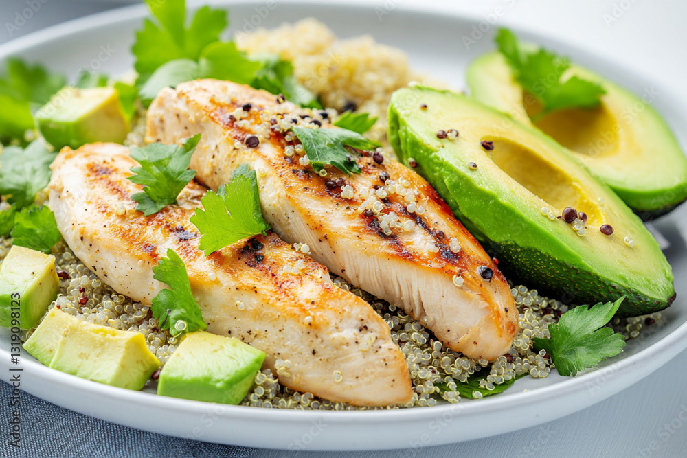 Healthy protein breakfast: chicken breast with avocado and quinoa, on a white background Healthy protein breakfast: chicken breast with avocado and quinoa, on a white background