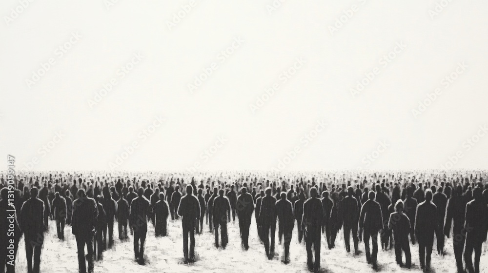 Naklejka premium Monochromatic Tableau of Silhouetted Figures in Vast Landscape