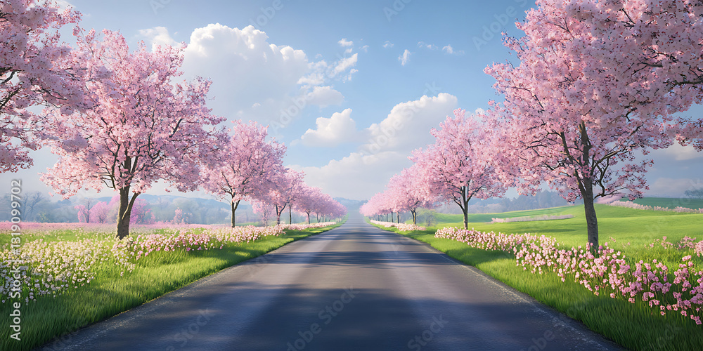 Naklejka premium Calm Countryside Road Lined with Cherry Blossom Trees for Springtime Beauty, Travel Inspiration, or Serene Nature Walks