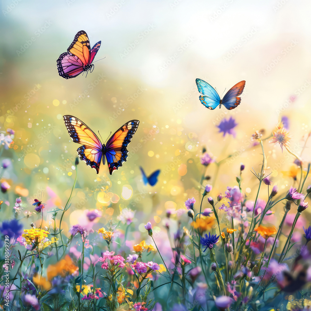 Fototapeta premium Summer background with butterflies flutter over a blooming summer meadow, bathed in golden sunlight, bokeh. A dreamy, magical scene full of color, nature and warmth. Generative ai