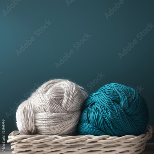 Knitting Yarn Balls on Minimal Background – Soft Teal, Icy Blue, and Deep Green Tones