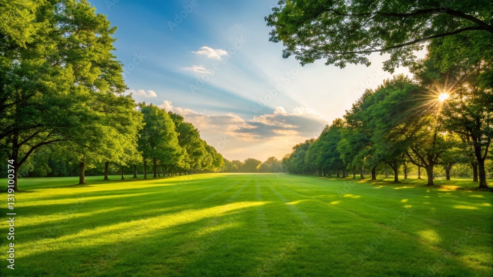Fototapeta premium A serene landscape featuring a lush green field bordered by trees, illuminated by soft sunlight filtering through the clouds.