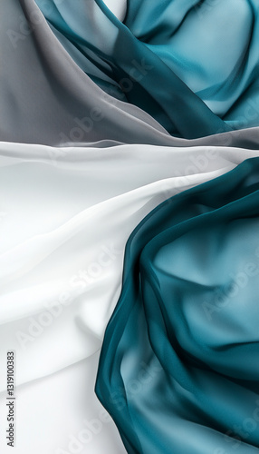 Close-Up of Silk Satin Fabrics – Soft Teal, Icy Blue, and Deep Green Tones with Luxurious Sheen