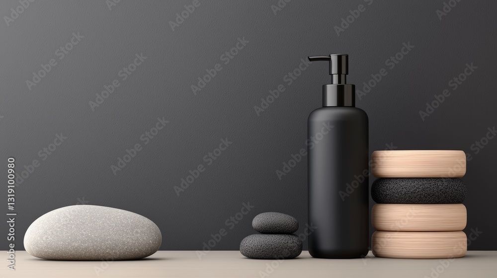 A minimalist arrangement featuring a black bottle, smooth stones, and wooden elements against a dark gray background, evoking calm and serenity. A minimalist arrangement featuring a black bottle, smooth stones, and wooden elements against a dark gray background, evoking calm and serenity.