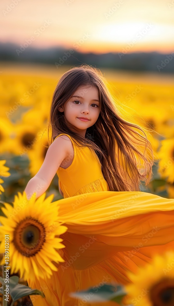 Young girl twirling in a sunflower field at sunset, long hair and yellow dress flowing, embodying joy and freedom in nature. Young girl twirling in a sunflower field at sunset, long hair and yellow dress flowing, embodying joy and freedom in nature.