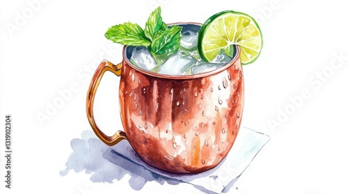 Refreshing Moscow Mule Cocktail Watercolor Painting: A Copper Mug Filled with Ice, Mint, and Lime