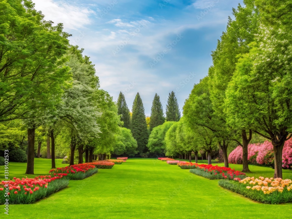 Fototapeta premium A picturesque garden featuring lush green trees and vibrant flower beds, creating a serene and inviting landscape under a clear blue sky.