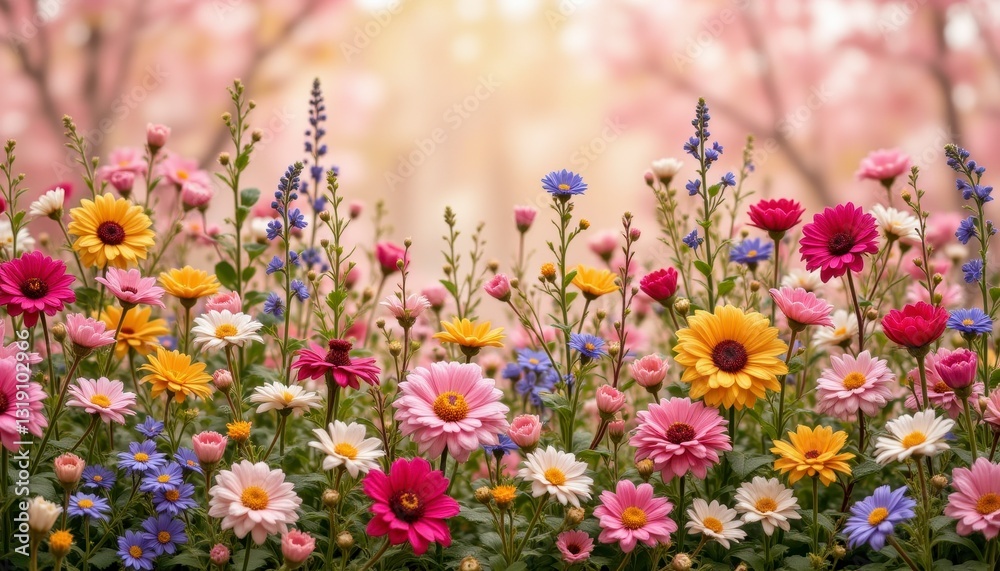 Obraz premium Colorful Wildflower Garden With Pink And Yellow Blossoms Description Vibrant wildflowers in a