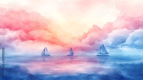 Serene Sailboats at Sunset: A Pastel Watercolor Seascape