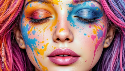 Colorful Paint Splatter Portrait of Woman with Pink and Purple Hair and Face Paint Makeup Portrait