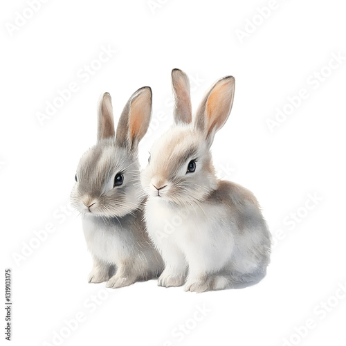 Two adorable rabbits sitting together on a transparent background creating a charming, playful atmosphere
