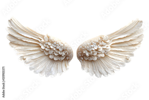 Elegant white wings on a transparent background showcasing intricate feather details and artistic craftsmanship