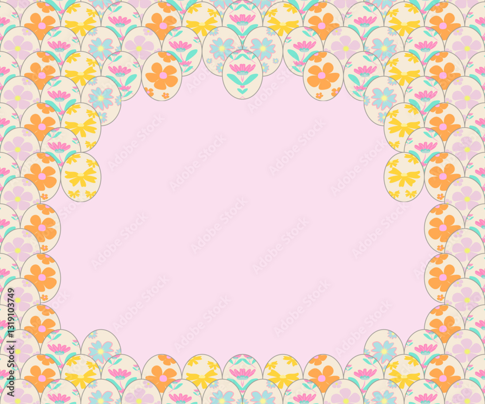 Happy Easter frame with a hand drawn textured decorated eggs, and wildflowers. Cute background in pastel colors, trendy elegant typography. Horizontal template for greeting card, poster