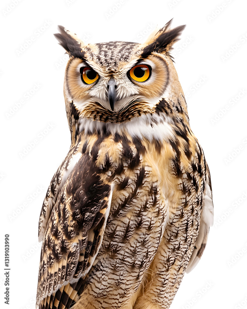Obraz premium Majestic owl perched gracefully with striking features on a transparent background, showcasing vibrant eyes and intricate plumage
