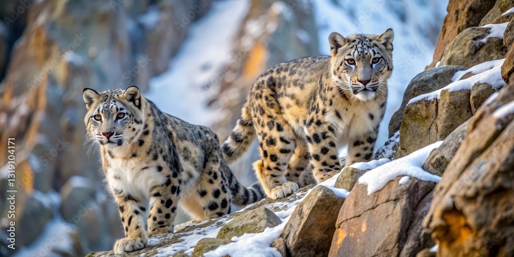 Naklejka premium Majestic snow leopards gracefully traverse a snow-covered rocky terrain, their spotted coats blending seamlessly with the winter landscape.