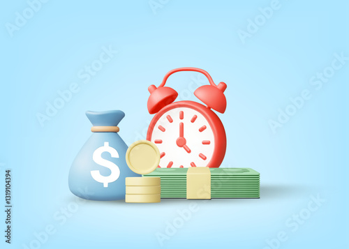 3D illustration vector render of money bag, banknotes, stack of coins and alarm clock icon. Efficient financial management and investment concept. Accumulated profit from investment, timely planning.