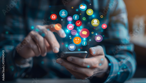 Ein Mann nutzt Apps auf einem Handy, fliegende Symbole, Vernetzung