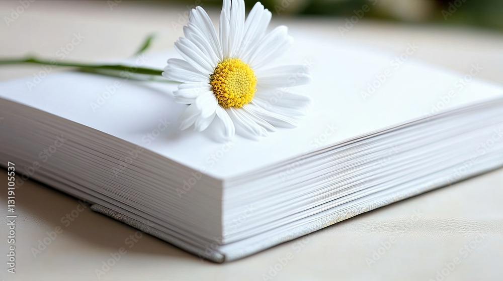 Obraz premium A book opened to a blank page, with a flower on top . 