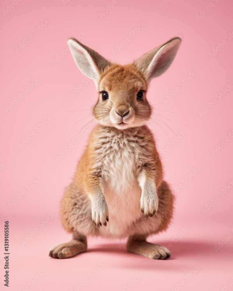 Fototapeta premium cute fluffy doll kangaroo pounces on its prey with precision, vibrant pastel backdrop enhances the playful mood.
