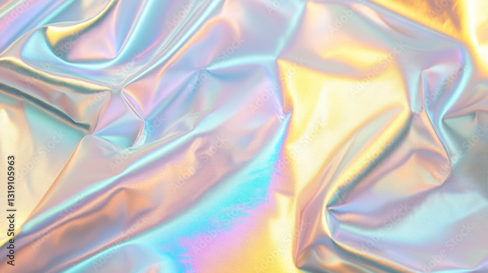 Obraz premium Softly folded holographic foil sheet with gentle creases, silky shimmer, iridescent tone transitions