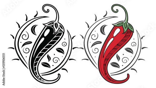 "Set of chili pepper vector illustrations in black, red, and green – spicy food symbols, hot pepper icons, Mexican cuisine elements, and chili graphics for culinary design."
