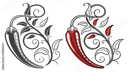 "Set of chili pepper vector illustrations in black, red, and green – spicy food symbols, hot pepper icons, Mexican cuisine elements, and chili graphics for culinary design."
